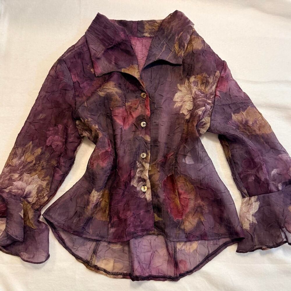 vintage y2k R&M Richards vibrant purple floral crinkle sheer mesh bell sleeve